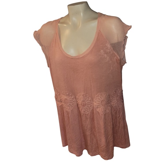 RXB Tops - RXB Pink Lace Detail Mesh Sleeve‎ Tunic Top XL embroidered floral cottagecore